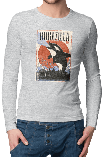 Men's longsleeve with prints Orcazilla. Cartoon style design, graphic, japan print, japanese, japanese art, japanese poster, japanese poster orca, ocean wildlife, orca, orcazilla. 2070702