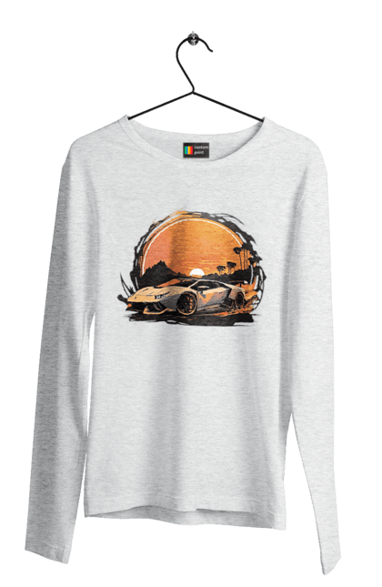 Чоловічий лонгслів з принтом "Ламборджині на заході сонця". Авто, автомобіль, ламборджині, машина, машини. 2070702