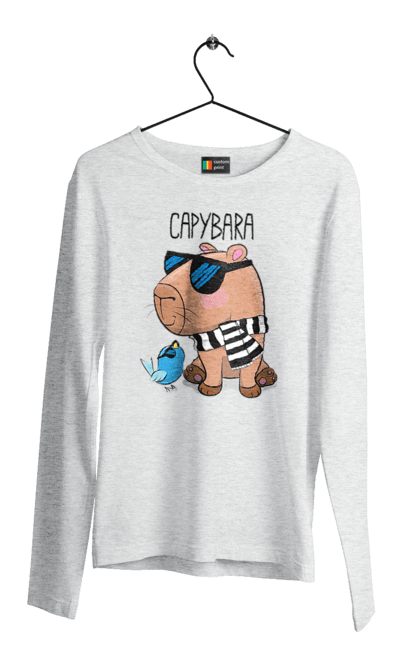 Чоловічий лонгслів з принтом "Стильна капібара". Капібара, модна капібара, настрій, окуляри, птах, сонячні окуляри, стильна капібара, тварина, шарф у смужку. 2070702