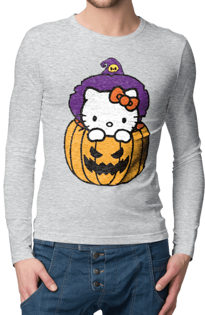 Чоловічій лонгслів з принтом "Хелло Кітті Хелловін". Halloween, hello kitty, witch, бренд, відьма, кіт, кошеня, персонаж, хелло кітті, хелловін. 2070702