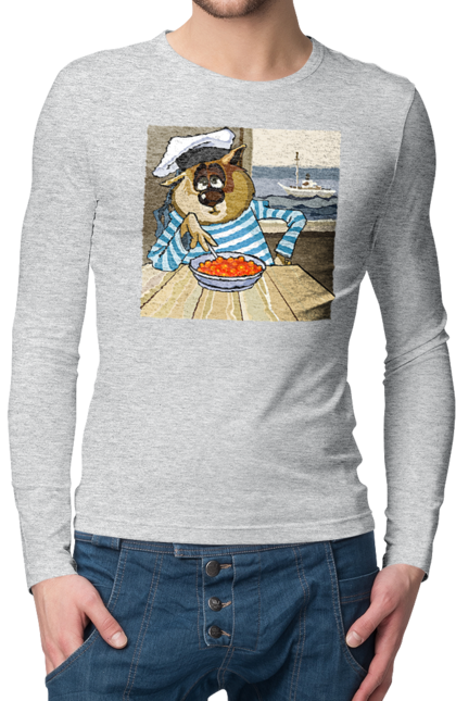 Men`s longsleeve with prints Cat Sailor, On The Ship Eats Red Caviar. Cat, caviar, sailor, ship. 2070702