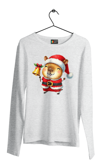 Men's longsleeve with prints Funny capybara with a bell. Animal, bell, capybara, christmas, christmas capybara, gift, holiday, new year, new year`s gift, santa. 2070702