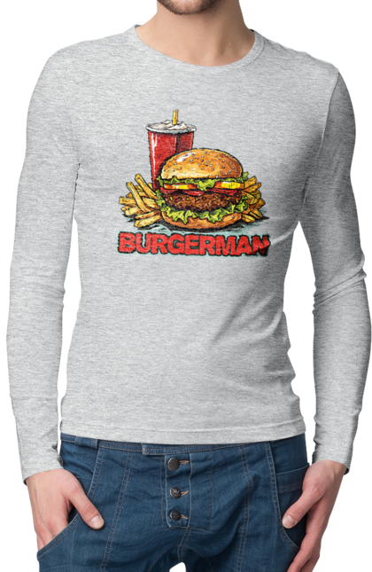 Чоловічий лонгслів з принтом "Burgerman". Бургер, для чоловіків, їжа, літні, макдональдс, прикольні, трендові, фаст фуд, чоловічі. 2070702