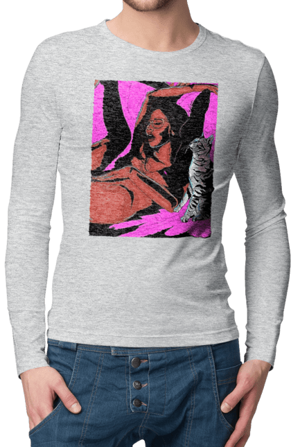 Чоловічий лонгслів з принтом "Дівчина Отримує Задоволення". Гола, задоволення, кішка, пристрасть. 2070702