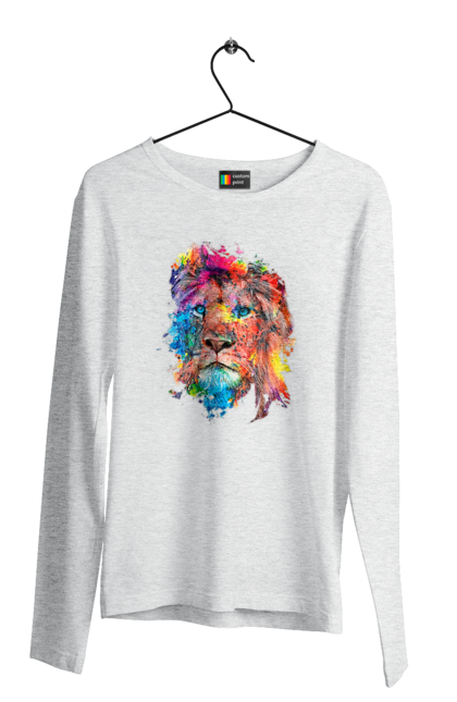 Чоловічий лонгслів з принтом "Лев із фарби". Барвистий лев, індійський лев, лев, лев та холі, розмальовка, святковий лев, фарби, холи. 2070702