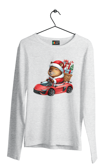 Men's longsleeve with prints Christmas Capybara with a Gift. Animal, capybara, car, christmas, christmas capybara, gift, holiday, new year, new year`s gift, santa. 2070702