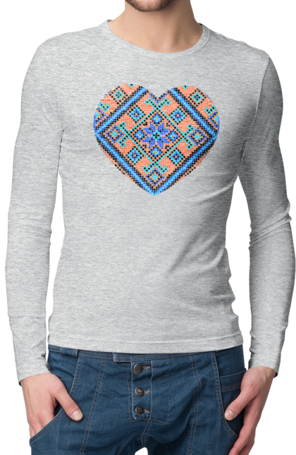 Men`s longsleeve with prints Heart embroidery. Cross stitch, embroidered shirt, embroidery, heart, i love ukraine, symbols of ukraine, traditions of ukraine, ukraine. 2070702