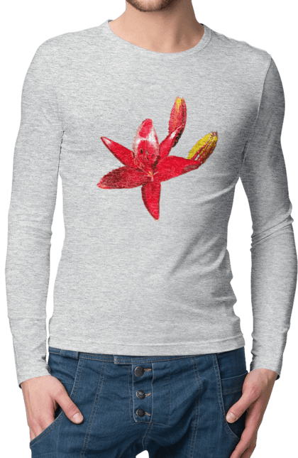 Men`s longsleeve with prints Red lily. Bright, bud, buds, color, flower, lily, nature, red, red flower, red lily, sunny. 2070702