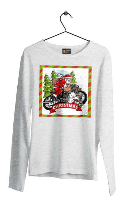 Чоловічий лонгслів з принтом "Санта на мотоциклі". Мотоцикл, новий рік, подарунки, різдво, санта, сніговик, ялинка. 2070702