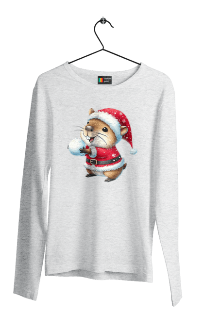 Men's longsleeve with prints Capybara playing snowballs. Animal, capybara, christmas, christmas capybara, game, gift, holiday, new year, santa, snowballs. 2070702