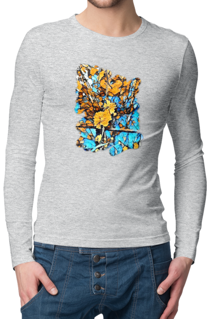 Чоловічий лонгслів з принтом "Жовті квіти на синьому фоні". Арт, жовтий та синій, жовті квіти, жовто-синій, квіти, малюнок, природа, синій та жовтий, синьо-жовтий. 2070702