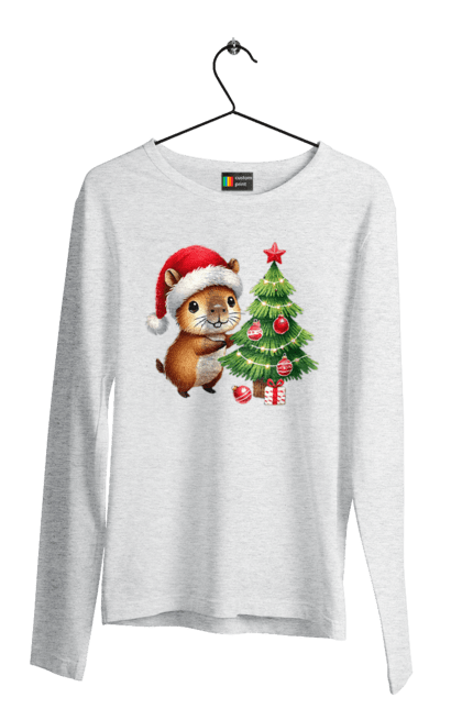 Men's longsleeve with prints Christmas Capybara with a Tree. Animal, capybara, christmas, christmas capybara, christmas tree, gift, holiday, new year, new year`s gift, santa. 2070702