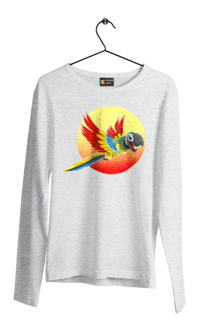 Чоловічий лонгслів з принтом "Папуга На Тлі Сонця". Ара, веселий, відпочинок, відпустка, диск, жарко, жовтий, коло, кольоровий, крила, літає, літо, папуга, папужка, пір`я, політ, помаранчевий, птах, різнокольоровий, сонце, сонячно, спека, тепло, тропіки, у польоті, червоний. 2070702