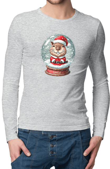 Men's longsleeve with prints Capybara in a snow globe. Animal, capybara, christmas, christmas capybara, gift, holiday, new year, new year`s gift, santa, snow globe. 2070702