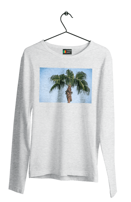 Чоловічий лонгслів з принтом "Пальма на тлі неба". Берег, блакитне, відпочинок, відпустку, єгипет, зелений, зелені, лист, листя, море, небо, оазис, океан, острів, пальма, південь, подорож, пригоди, тропіки, туреччина. 2070702