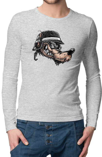 Чоловічий лонгслів з принтом "Вовк Байкер". Байк, байкер, вовк, волчара, захоплення, змагання, зуби, каска, мото, мотор, мотоцикл, мотоцикліст, мульт, мультик, мультфільм, мультяшний, ну почекай, посмішка, спорт, стиль, стильний, усмішка, хобі, шолом. 2070702