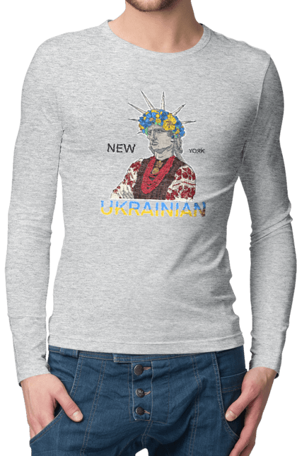 Men`s longsleeve with prints UA & NY. Embroidered shirt, new york, statue of liberty, ukraine, wreath. 2070702