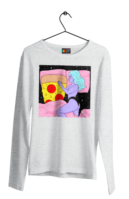 Men`s longsleeve with prints Purple Girl And Pizza. Bed, girl, pizza. 2070702