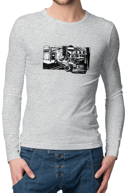 Men`s longsleeve with prints Dangerous Car on the roads of the streets. Black and white, car, dangerous, fast, machine, race. 2070702