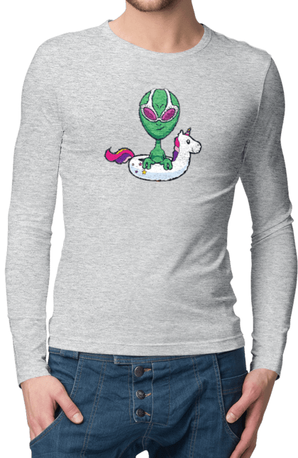 Men`s longsleeve with prints Alien Floats In A Circle. Alien, inflatable circle, to swim. 2070702