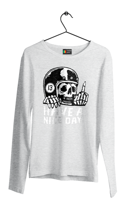 Чоловічий лонгслів з принтом "Гарного дня". Байкерська, гарного дня, з черепом, тринадцять, фак, череп. 2070702