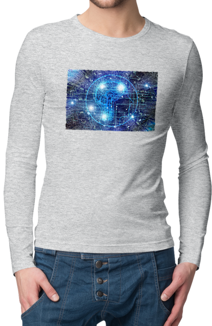 Чоловічий лонгслів з принтом "Штучний інтелект". Айті, айтішник, гік, знання, інженер, інтелект, кібер, кібернетика, кіборг, код, комп, комп`ютерник, кристал, машинне навчання, мікросхема, мозок, портрет, програміст, професіонал, професія, розробник, розум, хакер, чіп, штучний інтелект, штучний розум. 2070702