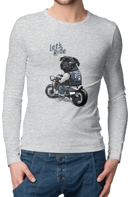 Чоловічий лонгслів з принтом "Мопс на мотоциклі". Байкер, мопс, мотоцикл, собака, тварини. 2070702