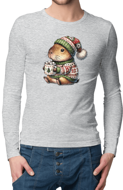 Men's longsleeve with prints Capybara with hot chocolate. Animal, capybara, christmas, christmas capybara, gift, holiday, hot chocolate, new year, santa. 2070702