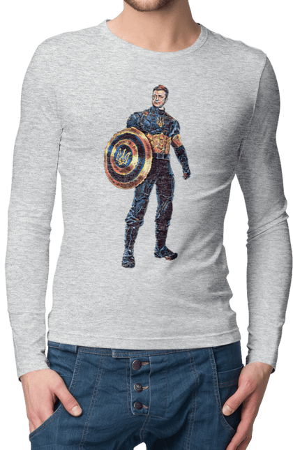 Мужской лонгслив с принтом Капитан Украина Зеленский арт. Владимир зеленский, зеленый, капитан америка, капитан украина, украина. 2070702