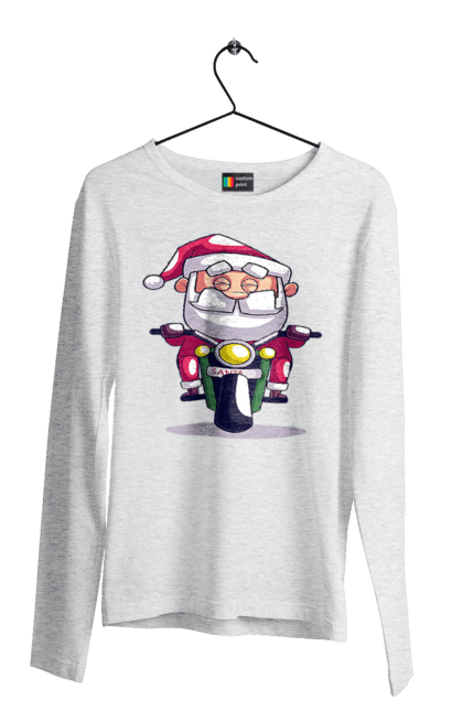 Чоловічий лонгслів з принтом "Щасливий Санта на мотоциклі". 2022, дід мороз, зима, мотоцикл, новий рік, різдво, санта, сніг. 2070702