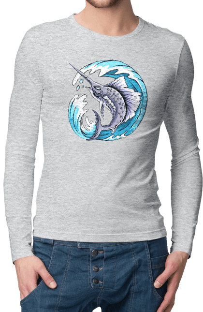 Men`s longsleeve with prints Fish Sword And Wave. Swordfish, wave. 2070702