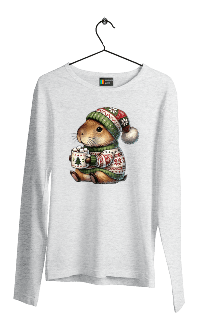 Men's longsleeve with prints Capybara with hot chocolate. Animal, capybara, christmas, christmas capybara, gift, holiday, hot chocolate, new year, santa. 2070702