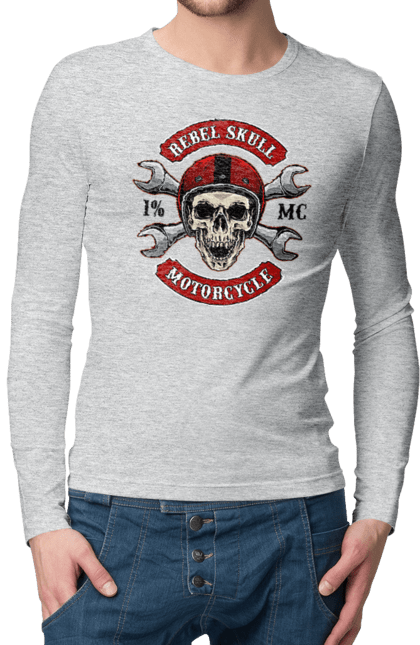 Чоловічий лонгслів з принтом "череп мотолюбитель". Любитель, мотоцикл, череп, шолом. 2070702