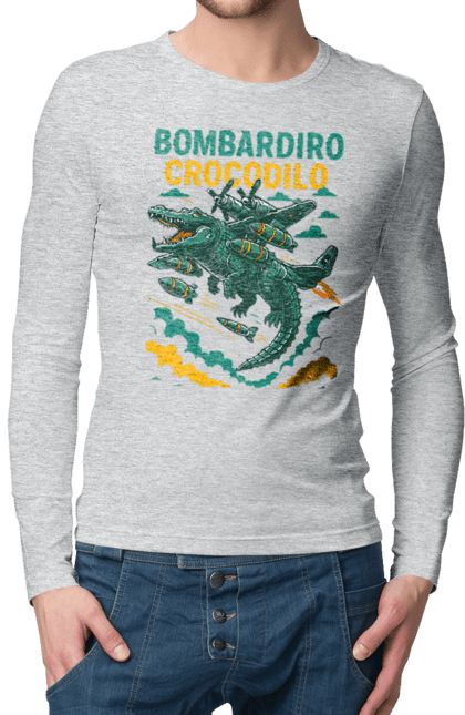 Чоловічий лонгслів з принтом "Bombardino Crocodilo". Bombardino, bombardino crocodilo, crocodilo, бомбардіно крокоділо, крокодил, крокодил літак, крокодил мем, мем, мем бомбардине крокодило. 2070702