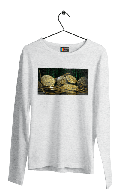 Чоловічий лонгслів з принтом "Біткойн". Багатство, біткойн, валюта, гроші, криптовалюта, курс, майнінг, матриця, монета, розкіш, цифровий світ. 2070702