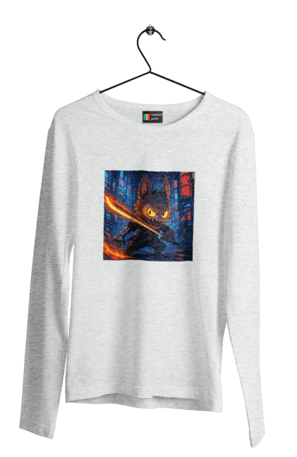 Чоловічий лонгслів з принтом "Лабубу". Аніместиль, дія, катана, кіберніндзя, кіберпанк, лабубу, меч, неонове місто, очі` що світяться. 2070702