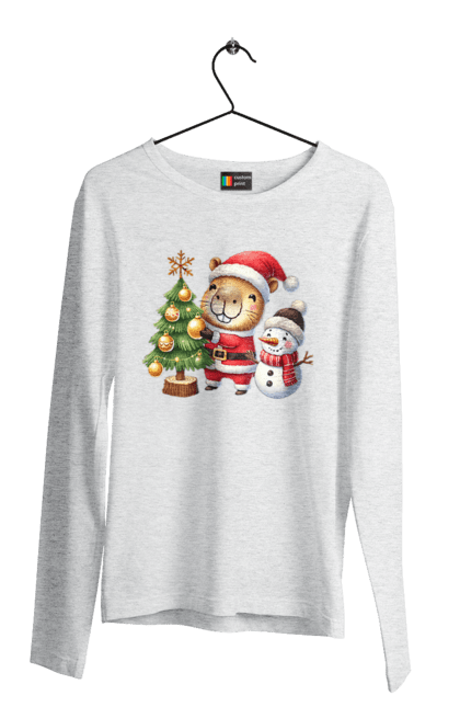 Men's longsleeve with prints Christmas Capybara with a Tree. Animal, capybara, christmas, christmas capybara, christmas tree, gift, holiday, new year, new year`s gift, santa. 2070702