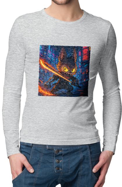 Чоловічий лонгслів з принтом "Лабубу". Аніместиль, дія, катана, кіберніндзя, кіберпанк, лабубу, меч, неонове місто, очі` що світяться. 2070702