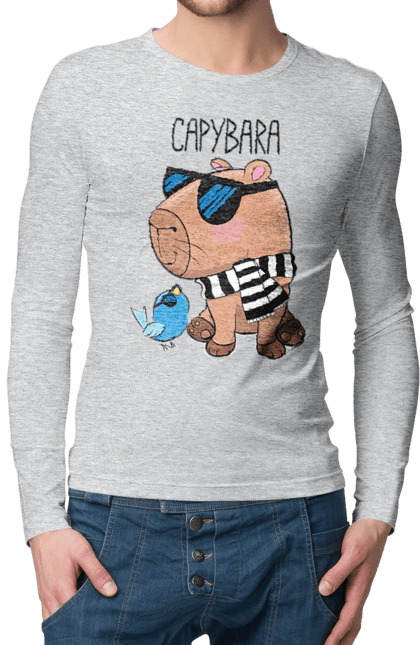 Чоловічий лонгслів з принтом "Стильна капібара". Капібара, модна капібара, настрій, окуляри, птах, сонячні окуляри, стильна капібара, тварина, шарф у смужку. 2070702