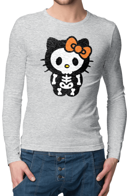 Мужской лонгслив с принтом Хелло Китти Хэллоуин. Halloween, hello kitty, zombie, бренд, зомби, котенок, персонаж, скелет, хелло китти, хэллоуин. 2070702