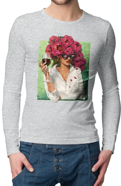 Men`s longsleeve with prints Girl with peonies and a glass. Flower, girl, glasses, goblet, peonies, shirt, summer, wine. 2070702