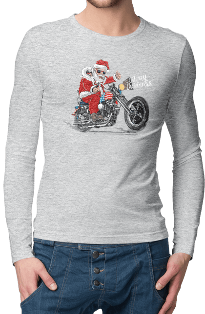 Чоловічий лонгслів з принтом "Санта в окулярах на мотоциклі". Байкер, дід мороз, зима, мотоцикл, новий рік, різдво, санта, санта клаус, сніг, щасливого різдва. 2070702
