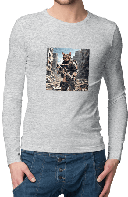 Чоловічий лонгслів з принтом "Кіт десантник". Бронежилет, війна, військовий, гвинтівка, захисник, камуфляж, кіт, рушниця. 2070702