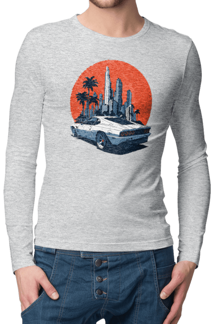 Чоловічий лонгслів з принтом "Авто". Гонка, захід сонця, спортивний автомобіль, швидкість. 2070702