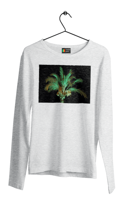 Чоловічий лонгслів з принтом "Фінікова Пальма Вночі". Берег, відпочинок, відпустка, зелений, море, ніч, оазис, океан, острів, пальма, південь, подорож, пригоди, тропіки, фінікова, чорне. 2070702