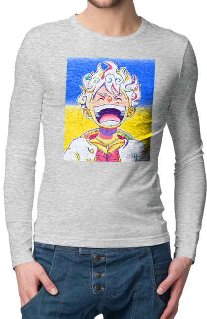 Men`s longsleeve with prints Monkey D Luffy laughing on a yellow blue background. Flag of ukraine, luffy, monkey d luffy, one piece, symbol of ukraine, ukraine. 2070702