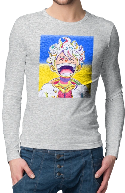 Монкі д Луффі сміється на жовто блактному фоні