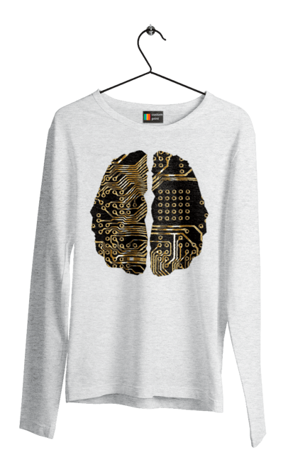 Чоловічий лонгслів з принтом "Мозок Айті". Айті, айтішник, гик, знання, золотий, золото, інженер, кібер, кібернетика, кіборг, код, комп, кристал, мікросхема, мозок, програміст, професіонал, професія, розробник, розум, чіп. 2070702