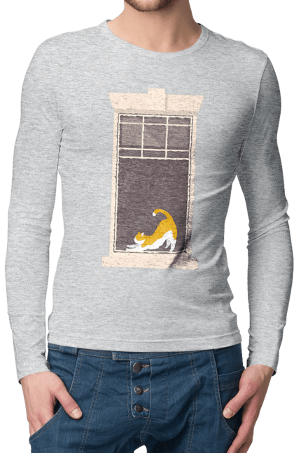 Чоловічий лонгслів з принтом "Кіт В Вікні". Вікно, кіт, потягушки, рудий. 2070702