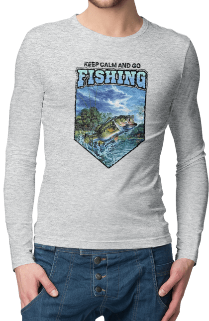 Чоловічий лонгслів з принтом "Keep Calm and Go Fishing". Відпочинок на природі, для рибалок, для чоловіків, мисливці та риболови, природа, рибалка, риболовля, спінінг, хоббі. 2070702